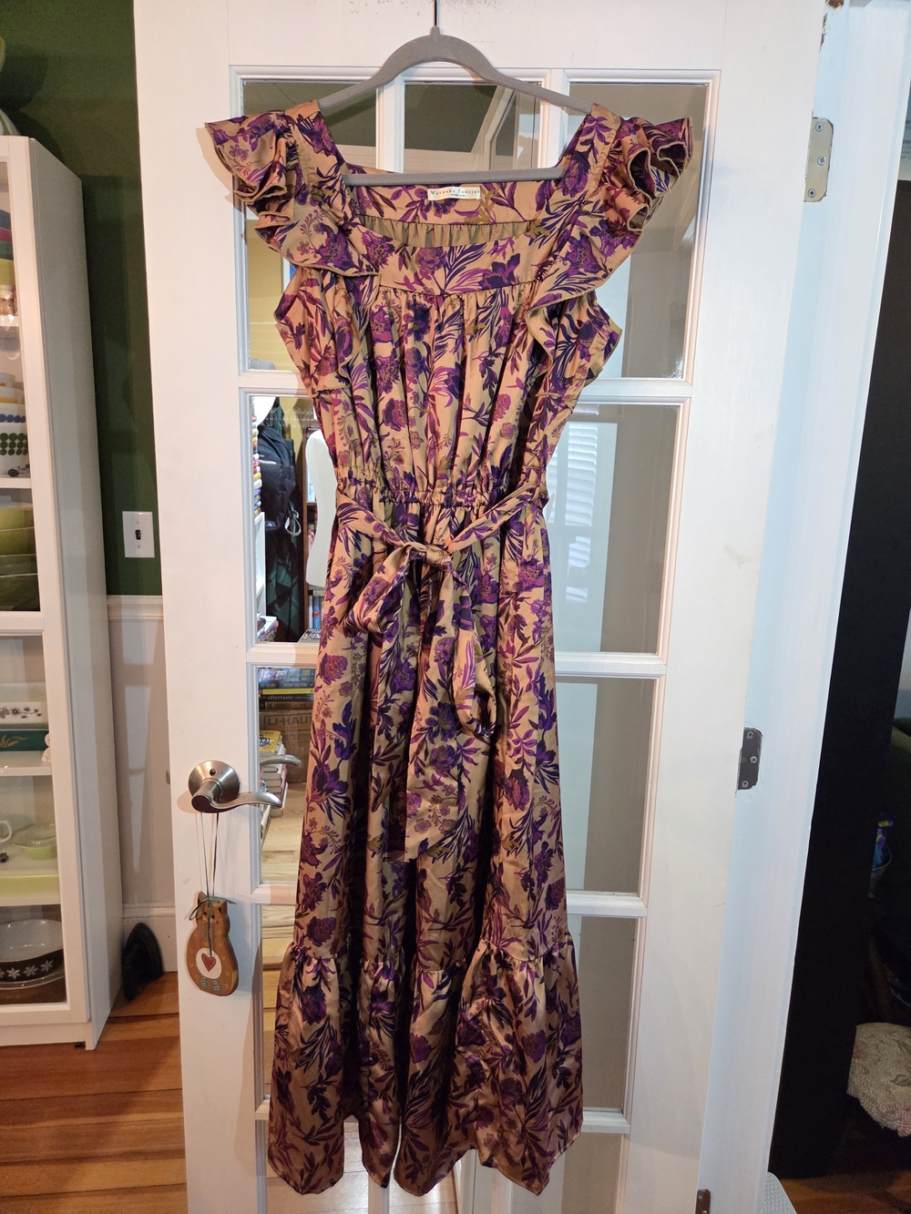 Floral Ruffle Dress with Tie Waist in Purple and Bronze - Size 16W